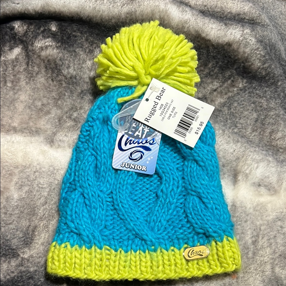 Chao's junior Cable Pom Beanie Hat. Turquoise/ green yellow.